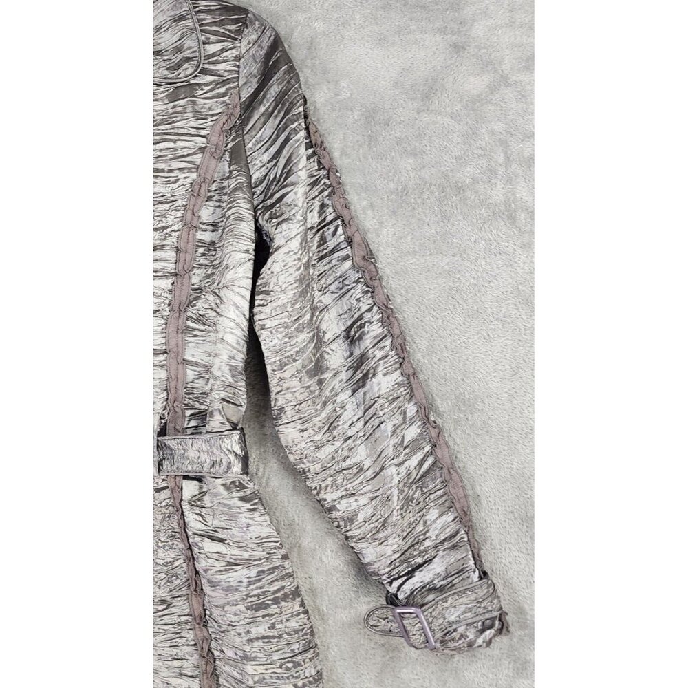 Misko Jacket Womens Medium Silver Snap Belted Long Sleeve Crinkled Retro 90s Y2K - Picture 9 of 10